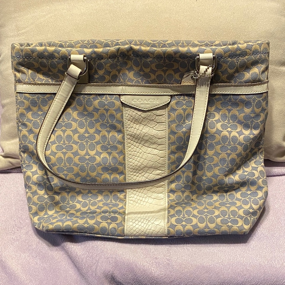 Coach Patterned Blue and Cream Tote